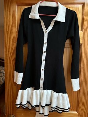 Black and White Ruffle Hem Kids Dress with Contrast Trim